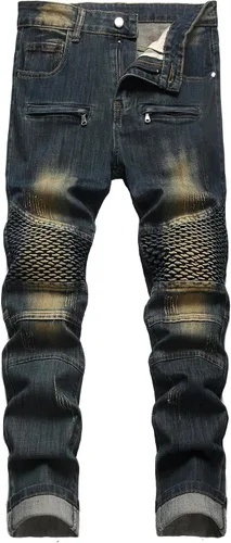 Vista 38 de Baylvn - Pantalones de mezclilla para hombre con diseño patchwork, ajustados y cómodos, estilo motociclista 3132 Camuflaje y azul