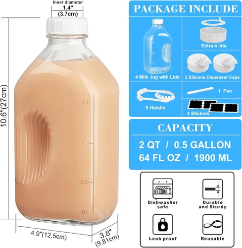 Vista 3 de Syntic - Paquete de 4 botellas de leche de vidrio de 64 onzas con tapas