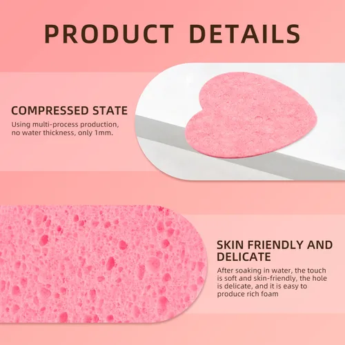 Vista 4 de 50 esponjas faciales comprimidas en forma de corazón, esponjas cosméticas 100% naturales para limpieza facial para limpieza facial diaria