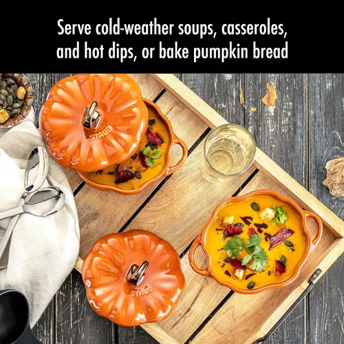 Vista 3 de STAUB Pequeña cerámica de 0.5 cuartos de galón, apta para horno y estufa hasta 572 °F, plato de calabaza, hornear, plato de caramelo, naranja quemado