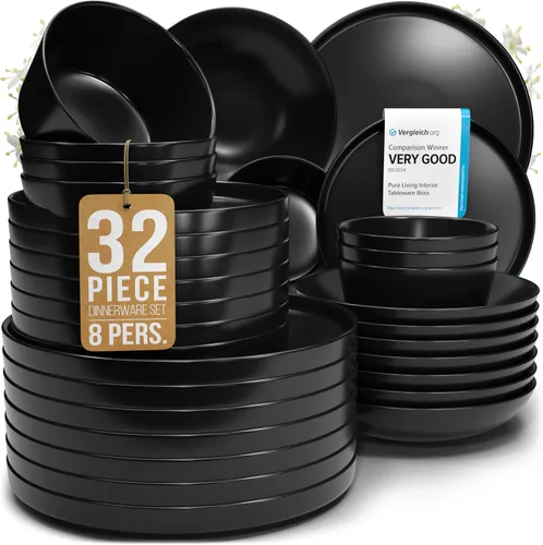 Vista 16 de Juego de vajilla de gres para 4 personas 12 piezas – Juego de platos y cuencos negros mate – Apto para lavavajillas, microondas y resistente a
