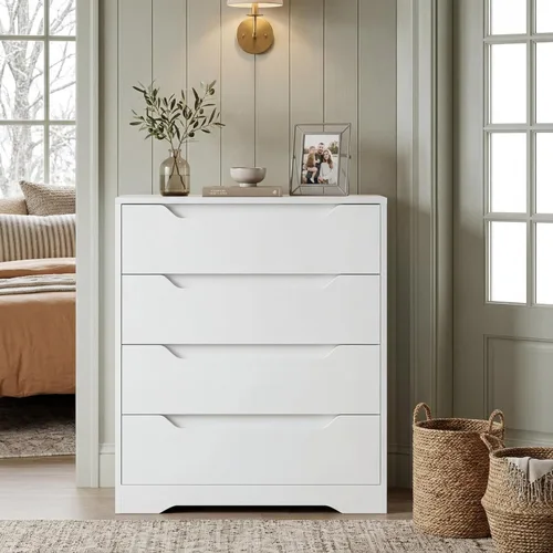 Vista 5 de HOSTACK Cómoda Blanca, Cómoda de 4 Cajones, Cómoda Moderna con Tiradores Recortados, Cómodas Pequeñas con Cajones, Organizador de Cofre