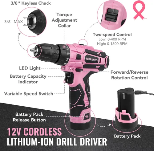 Vista 3 de WORKPRO Juego de herramientas rosa con taladro eléctrico, kit de taladro rosa portátil de 108 piezas para damas para el hogar con caja