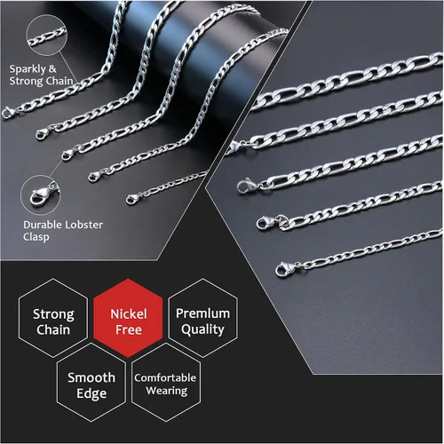 Vista 3 de Figaro - Collar de cadena de acero inoxidable chapado en oro real joyería para hombres y mujeres