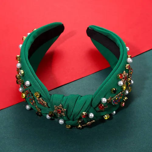 Vista 4 de boderier Diademas de Navidad para Mujeres Diadema de Árbol de Navidad con Cuentas Diadema Ancha Anudada de Cristal Accesorios para el Cabello