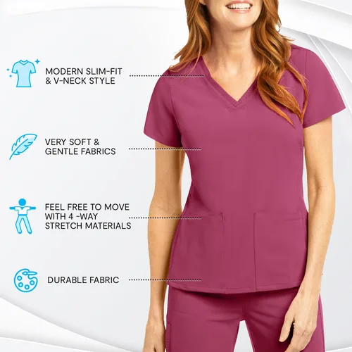 Vista 4 de Olive & Co. Camisas médicas para mujer, color rojo vino, moderno, ajustado, con cuello en V