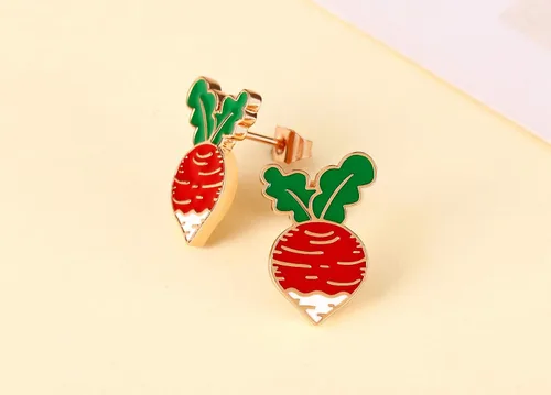 Vista 2 de Aretes de rábano con frutas y verduras para mujer, joyería de verano, perfectos para vacaciones en la playa y fiestas, Metal Esmalte