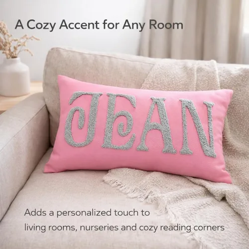 Vista 2 de mia'spillow lab Personalized Name Pillow – Custom Embroidered Kids Cushion with Punch Needle Design, Handmade Cotton Decor for Nursery or Bedroom