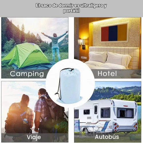 Vista 4 de Bolsa de dormir para viajes y campamento, ligera, compacta y portátil, ideal para viajes, hostales y campamentos Azul