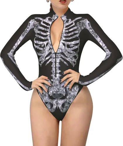 Vista 2 de Enterizo de esqueleto para mujer, con cremallera, traje sexy de una pieza para Halloween