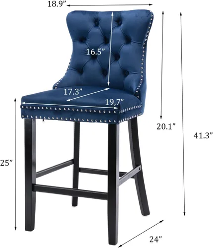 Vista 128 de SoarFlash Juego de 2 taburetes de bar tapizados de terciopelo moderno con patas de madera, botones acolchados, cabeza de clavo cromada, asiento