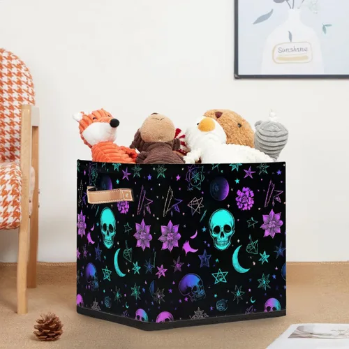 Vista 5 de Cube Storage Bins for Shelves, Neon Blue And Purple Skull Flower Decorative Fabric Organizer Box with Handles for Living Room, Dorm Room, Classroom