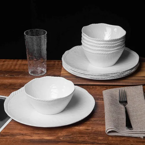 Vista 5 de KX-WARE Vajilla de melamina, cuenco de 6 piezas y plato de 6 piezas, color blanco