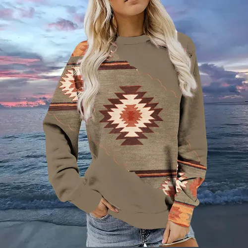 Vista 2 de Sudadera de manga larga con cuello redondo para mujer, casual, holgada, con estampado azteca occidental, camiseta tipo túnica de moda de otoño