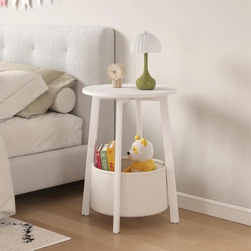 Vista 6 de sthmec Mesa auxiliar pequeña redonda con cesta de almacenamiento de tela, mesa de centro redonda con marco de metal para sofás de cama, mesas