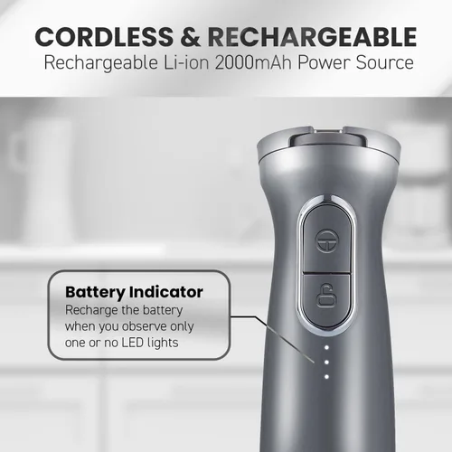 Vista 8 de Elite Gourmet EHB1324 Batidora de mano inalámbrica, recargable, mezcla variable de 5 velocidades, botón de encendido de un solo toque y bloqueo