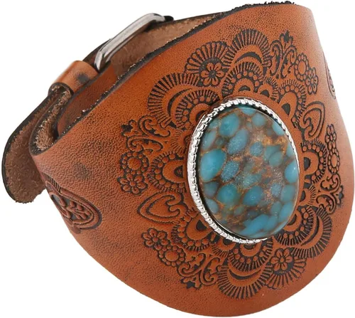 Vista 4 de HZMAN Pulsera de cuero turquesa vintage, ajustable, punk, girasol, para hombres y mujeres