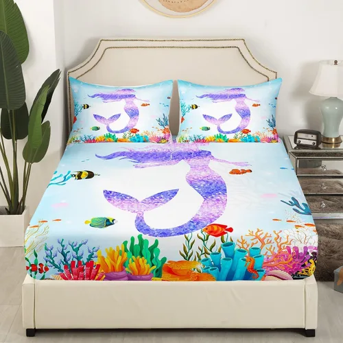 Vista 3 de Erosebridal Juego de sábanas de cola de sirena, tamaño individual para niños pequeños, sábana bajera ajustable de animales marinos náuticos