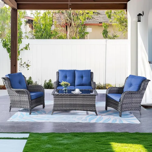 Vista 64 de Belord Mesa auxiliar pequeña para exteriores, mesa de mimbre de vidrio templado, mesa de centro impermeable para patio, mesa auxiliar de ratán