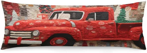 Vista 12 de Funda de almohada corporal con diseño de camión rojo de Navidad en estilo de collages textiles, lavable a máquina con cremallera, funda de almohada