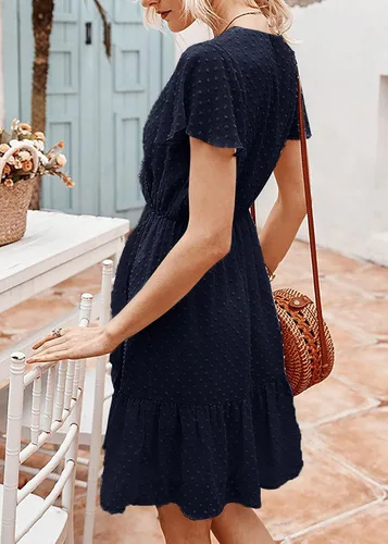 Vista 3 de Vestido de mujer con cuello en V y volantes, manga corta, bohemio, floral, gasa, casual, con vuelo, vestido midi de verano