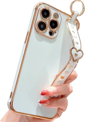 Vista 26 de IDweel Funda para iPhone 11 Pro Max con correa de pulsera ajustable, lazo atril, chapado de lujo de corazón, esquinas elevadas, a prueba de golpes