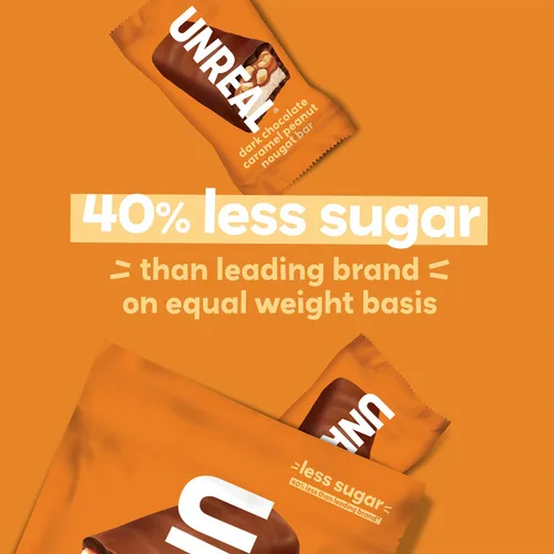 Vista 5 de UNREAL Barras de turrón de cacahuete y caramelo de chocolate oscuro, 70% ingredientes orgánicos, comercio justo, sin OMG, sin jarabe de maíz