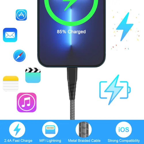 Vista 6 de MTAKYI Cable de carga de metal trenzado para iPhone de 6.6 pies de largo, certificado Lightning Apple MFi, carga rápida, cable USB de sincronización