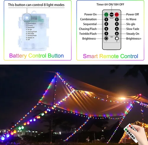 Vista 4 de Luces que cambian de color alimentadas por baterías, paquete de 2 unidades en total de 66 pies, 200 luces LED coloridas con control remoto, 8 modos