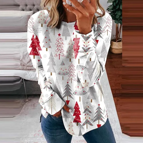Vista 3 de SNKSDGM Sudadera de manga larga raglán con estampado de árbol de Navidad de leopardo para mujer, cuello redondo, raglán, sin botones