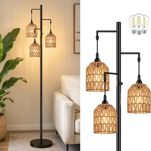 Vista 9 de Sucolite Lámpara de Pie Regulable de 70" para Sala de Estar, Lámpara de Pie Industrial de Árbol de 3 Luces Negra con Jaulas, Lámpara de Pie Alta