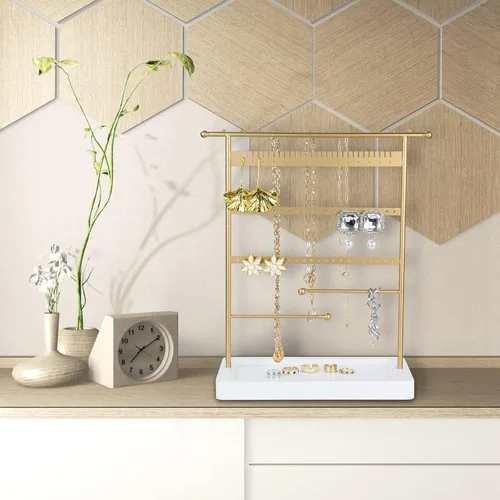 Vista 2 de SANY DAYO HOME Organizador de joyas de 6 niveles, soporte para collares, estante de torre de joyería dorado con 12 ganchos para collares, 29 muescas
