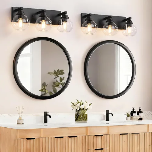 Vista 2 de LmnLvn Lámparas de baño, 3 luces de tocador de color negro mate, modernas lámparas de baño sobre espejo, luces de tocador de granja con pantalla