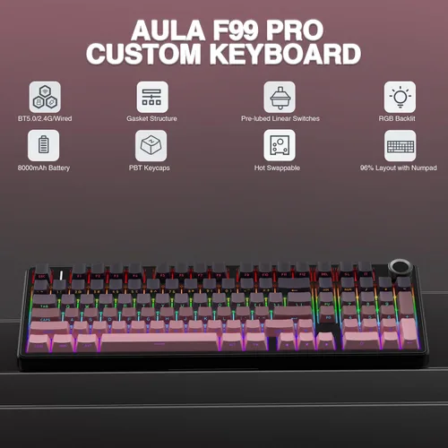 Vista 2 de AULA Teclado mecánico inalámbrico F99 Pro con perilla, Tri-Mode BT5.0USB-C2.4GHz Teclado intercambiable en caliente, estructura de junta, sonido