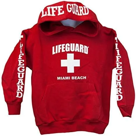 Vista 2 de LIFEGUARD Sudadera con capucha roja de Miami Beach Florida para niños, talla XS, Rojo
