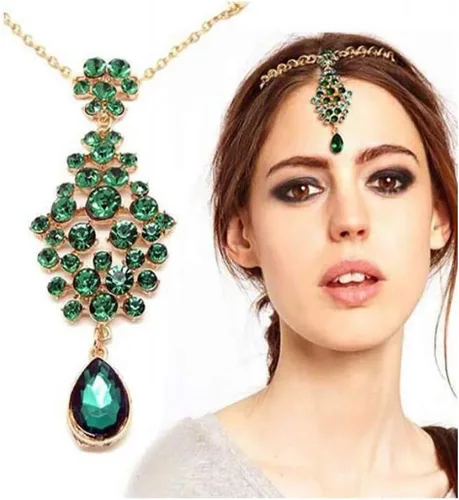 Vista 2 de Chargances Joyería de moda para mujer, joyería de frente de Halloween, color turquesa, cadena para la frente, pasador para la frente, para festival