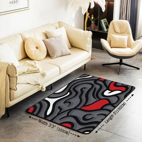 Vista 3 de jejeloiu Alfombra de área de remolino negro y rojo de 4 x 5 para niños, diseño geométrico abstracto para sala de estar, alfombra decorativa gris