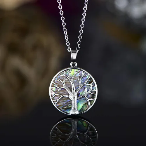 Vista 3 de Barzel Collar de árbol de la vida chapado en oro blanco de 18 quilates, Metal, abulón creado