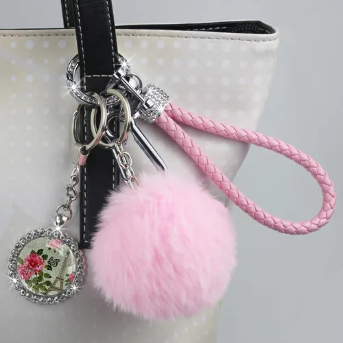 Vista 7 de Juego de llaveros con diseño de flores moradas de zorro para mujeres y niñas con llavero con pompones, 8 piezas de accesorios portátiles