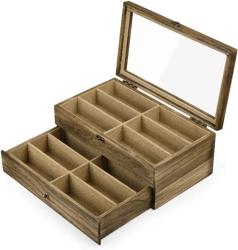 Vista 6 de SRIWATANA Estuche organizador de lentes de sol para mujeres y hombres, caja de exhibición de anteojos de madera con 12 ranuras con parte superior