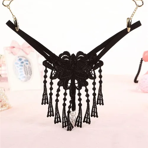 Vista 3 de Tangas de encaje sexy con borlas de perlas para mujer, ropa interior de tiro bajo con espalda en T