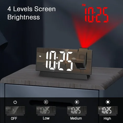 Vista 5 de LOFICOPER Reloj despertador de proyección, reloj digital de espejo de 7.8 pulgadas con proyector giratorio de 180°, brillo de 4 niveles, repetición