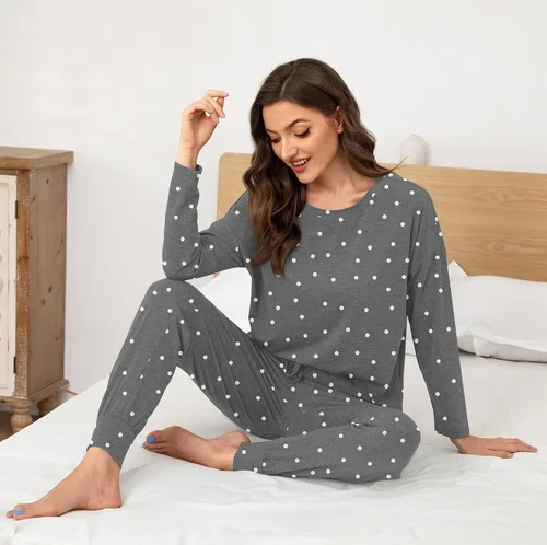 Vista 3 de DUSDIMON Conjunto de pijama de manga larga para mujer, conjunto de dos piezas con bolsillos, ajuste holgado