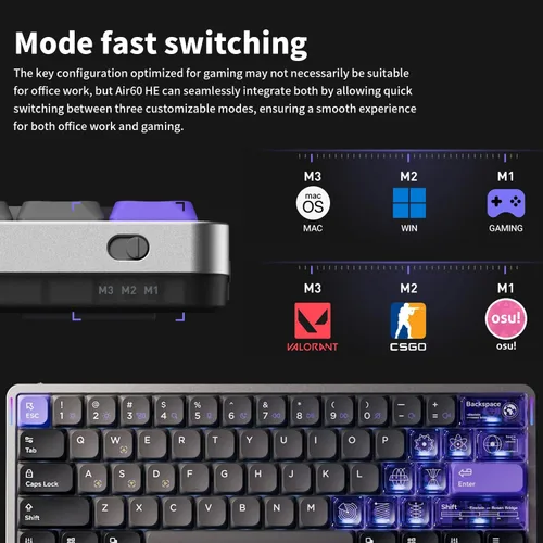 Vista 4 de nuphy Air60 HE Wired Magnetic Gaming Keyboard,61 Keys Rapid Trigger,60% Compact,Actuation Point Adjustable, 8K Hz Polling Rate,Hall Effect Keyboard