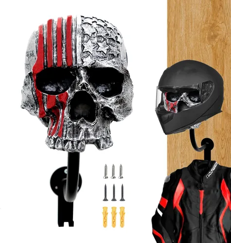 Vista 8 de Soporte para casco, soporte para casco de calavera, soporte de pared para casco con 2 ganchos, colgador de casco para abrigos, gorras, béisbol