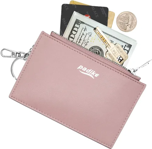 Vista 3 de Padike Portatarjetas de crédito delgado para mujer, mini bolsillo frontal, monedero, monedero, llavero (rosa bebé)