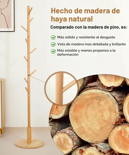 Vista 3 de Cozivolife Perchero de pie, perchero de madera con 9 ganchos y 3 alturas ajustables, abrigo de árbol de madera de haya para dormitorio, oficina