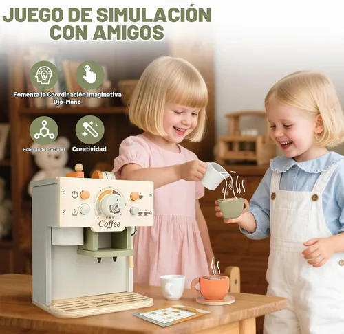 Vista 6 de Cafetera de juguete, accesorios de cocina de madera para niños, juego de simulación, verde