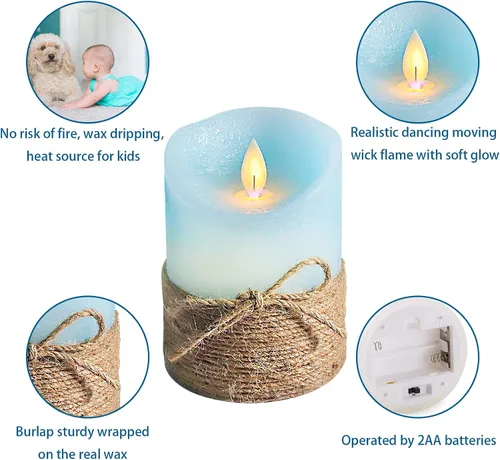 Vista 4 de Velas sin llama azul océano, velas LED de pilar con control remoto y temporizador, velas decorativas parpadeantes para regalos, fiestas, bodas