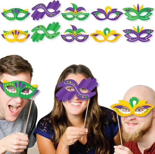 Vista 2 de Big Dot of Happiness Coloridas gafas de máscara de Mardi Gras, kit de accesorios de cabina de fotos para fiesta de máscaras, 10
